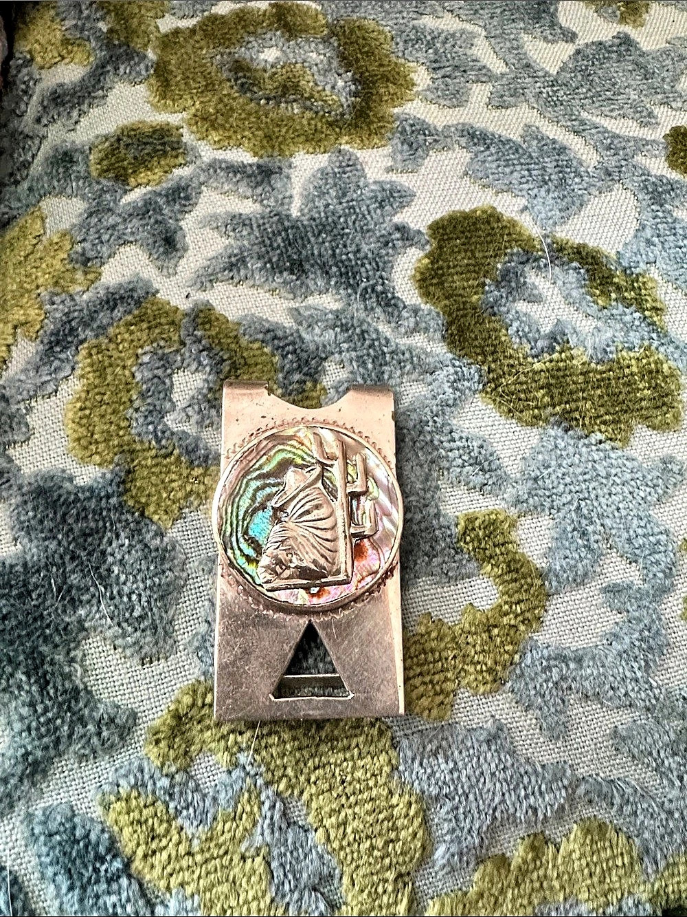 Vintage Mid Century Mexican Alpaca Silver Abalone Shell Siesta Money Clip